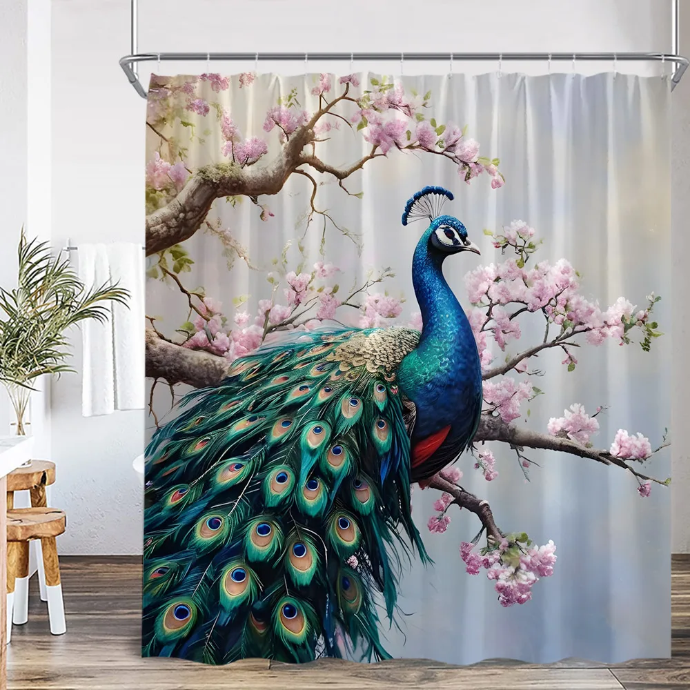 Peacock Oil Painting Shower Curtain Elegant Beautiful Bird Animal Printed Bathroom Decor Floral Plant Bathtub Curtain with Hook