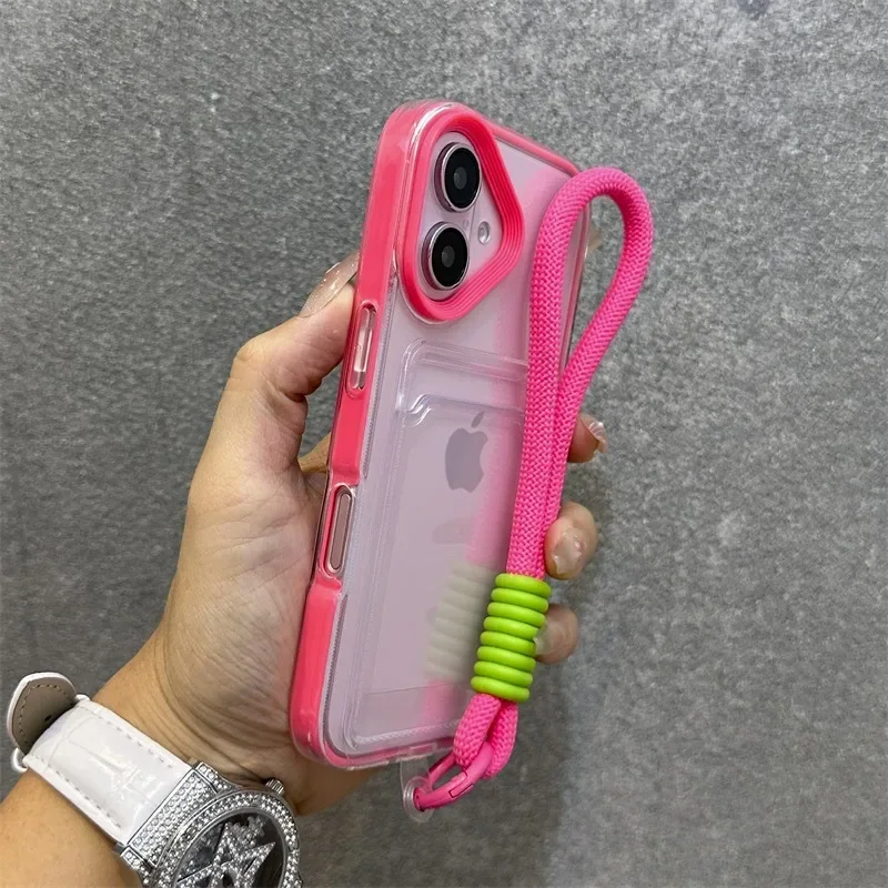 

Luxury Card Slot Bag Clear With Phone Case For iPhone 16 15 14 Plus 13 12 11 Pro Max Shockproof Bumber lanyard Soft TPU Cover