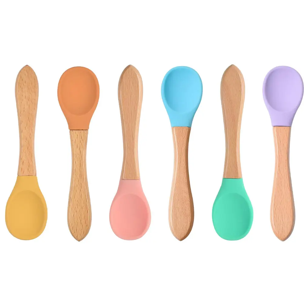 

6Pcs Children Silicone Spoons Baby Feeding Soft Smooth Spoon Head Handmade Wooden Handle Heat Cold Resistant Training Rice Soup