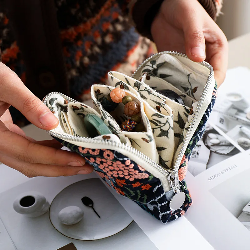 Storage Bag Jewelry Heavy Industry Embroidered Cotton Handmade Niche Pinch Bag Headphone Bag Key Bag Zipper Square Bag