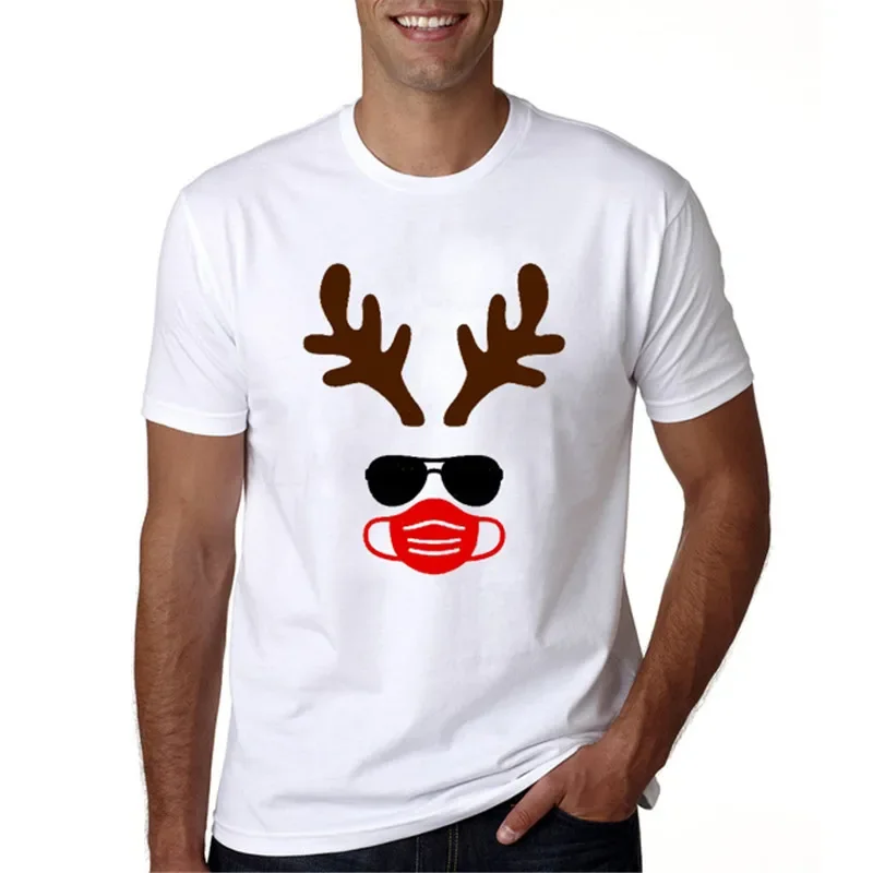 Reindeer with Mask Couples T Shirt Fashion Christmas Couple Clothes Casual O-neck Tops Lovers Shirts Suitable All Season