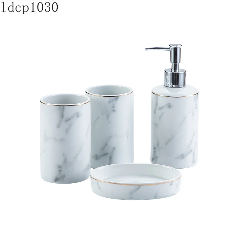 Nordic Bathroom Accessories White Gold Rim Marbled Toothbrush Cup Lotion Bottle Soap Dish Luxury Bathroom Decoration Accessories