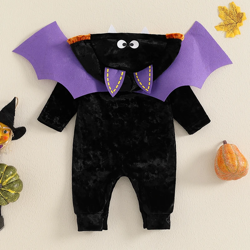 0-18M Kids 2Pieces Halloween Costume Long Sleeve Bat Jumpsuit with Removable Hat and Wings for Toddler Boys Girls Cosplay Party