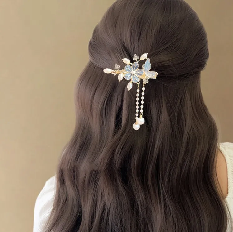 Gufengshan camellia painted tassel hair clip retro exquisite flower pearl side clip Hanfu qipao hairpin headband - Image 4