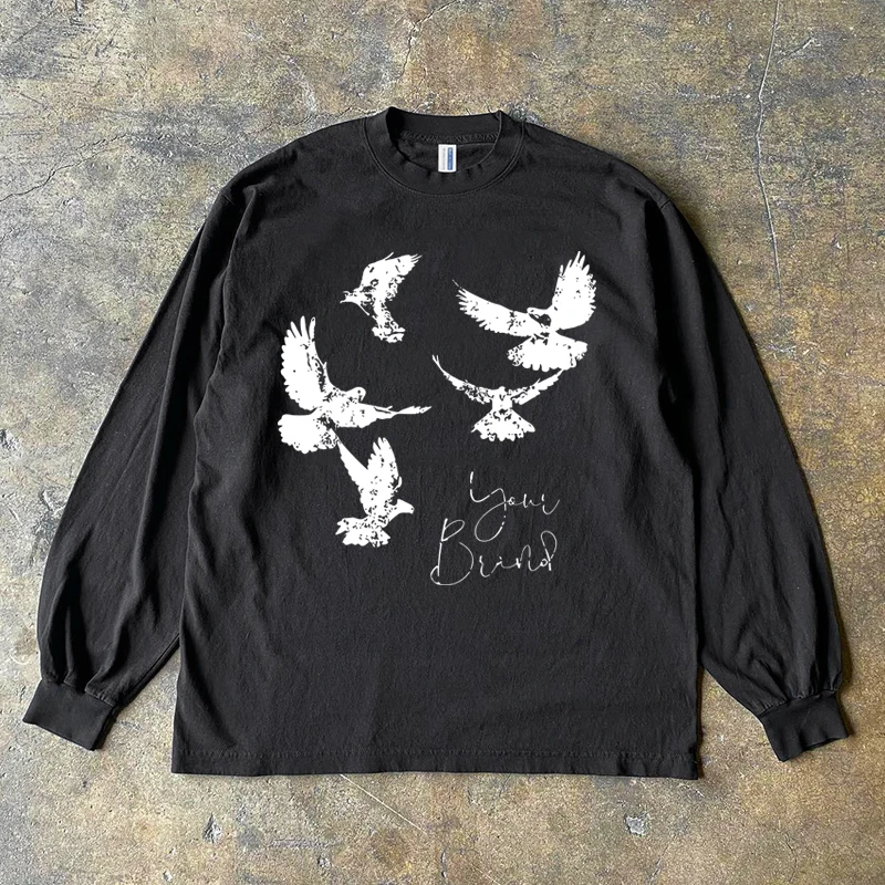 Pure Cotton 300g Vintage Style Long Sleeve T-Shirt with Coop Print by Xiao Chen Story Multi Design Heavyweight Retro Fashion