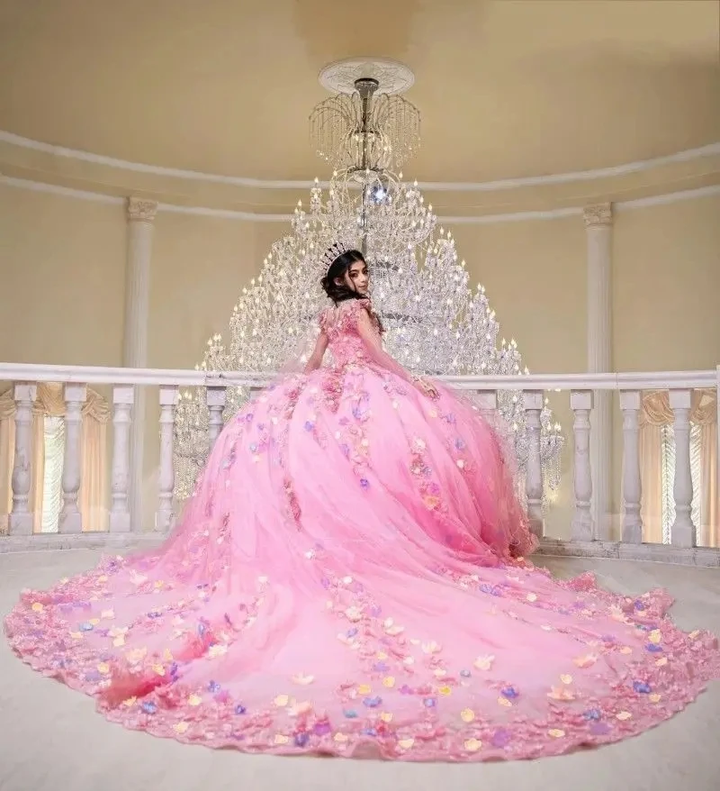 Rosa princesa quinceanera vestidos de baile fora do ombro tule apliques floral doce 16 vestidos 15 anos mexicano personalizado