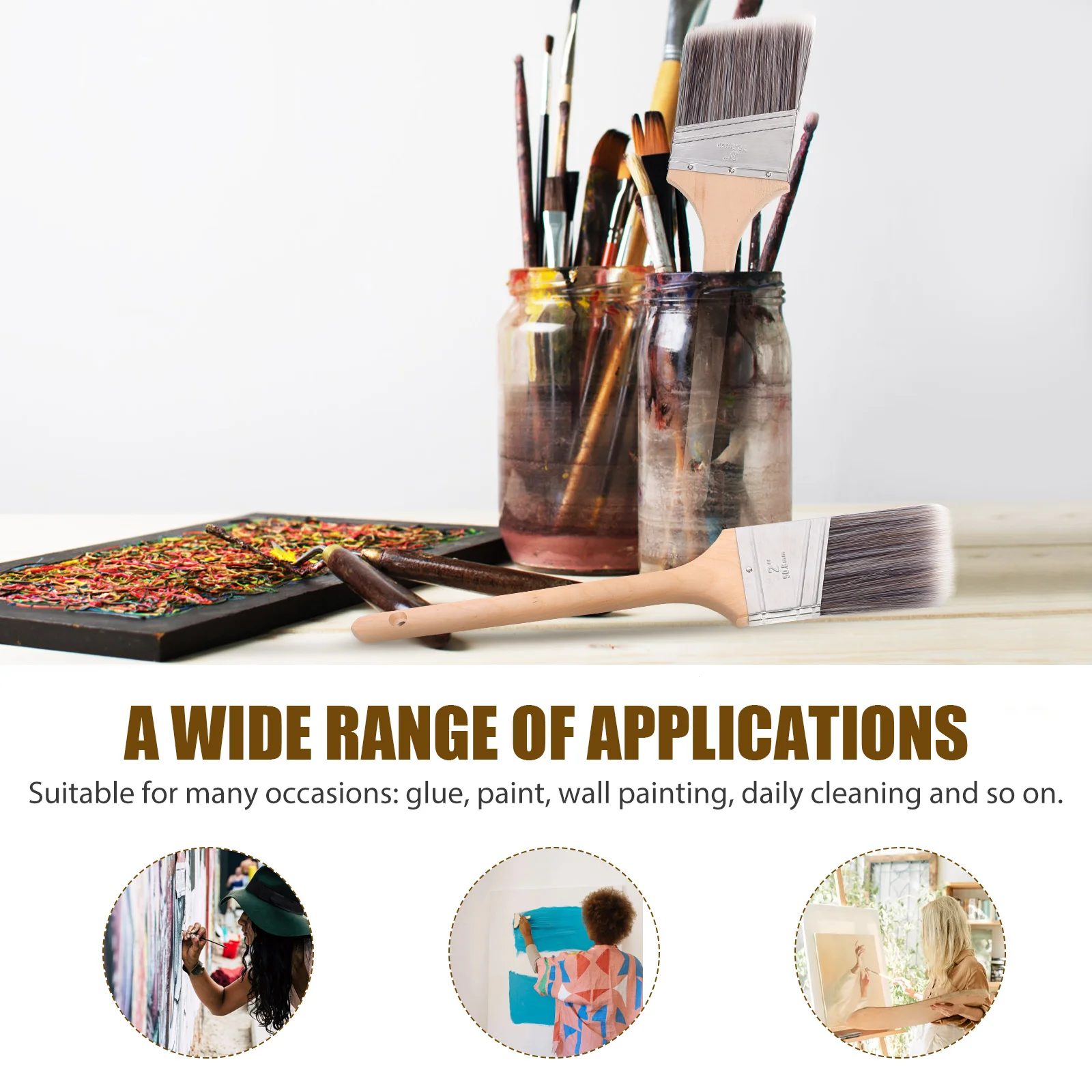 

4pcs Wooden Handle Paint Brushes Set For Watercolor Oil Painting Wall Art Household Multi-Function Durable Comfortable Grip