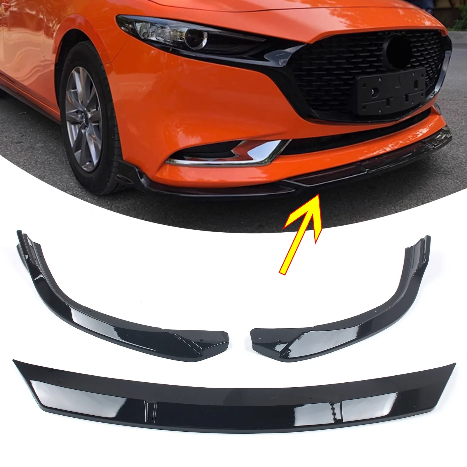

Черный спойлер-накладка на передний бампер, комплект для тюнинга Mazda 3 Axela 2020-2021