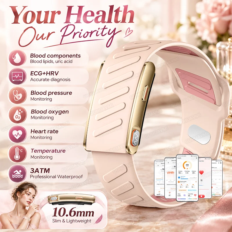 New Women Customized Health Care Smart Bracelet ECG+HRV BP Blood Fat Blood Oxygen Temp Heart Rate Sleep Monitor Call Smart Watch