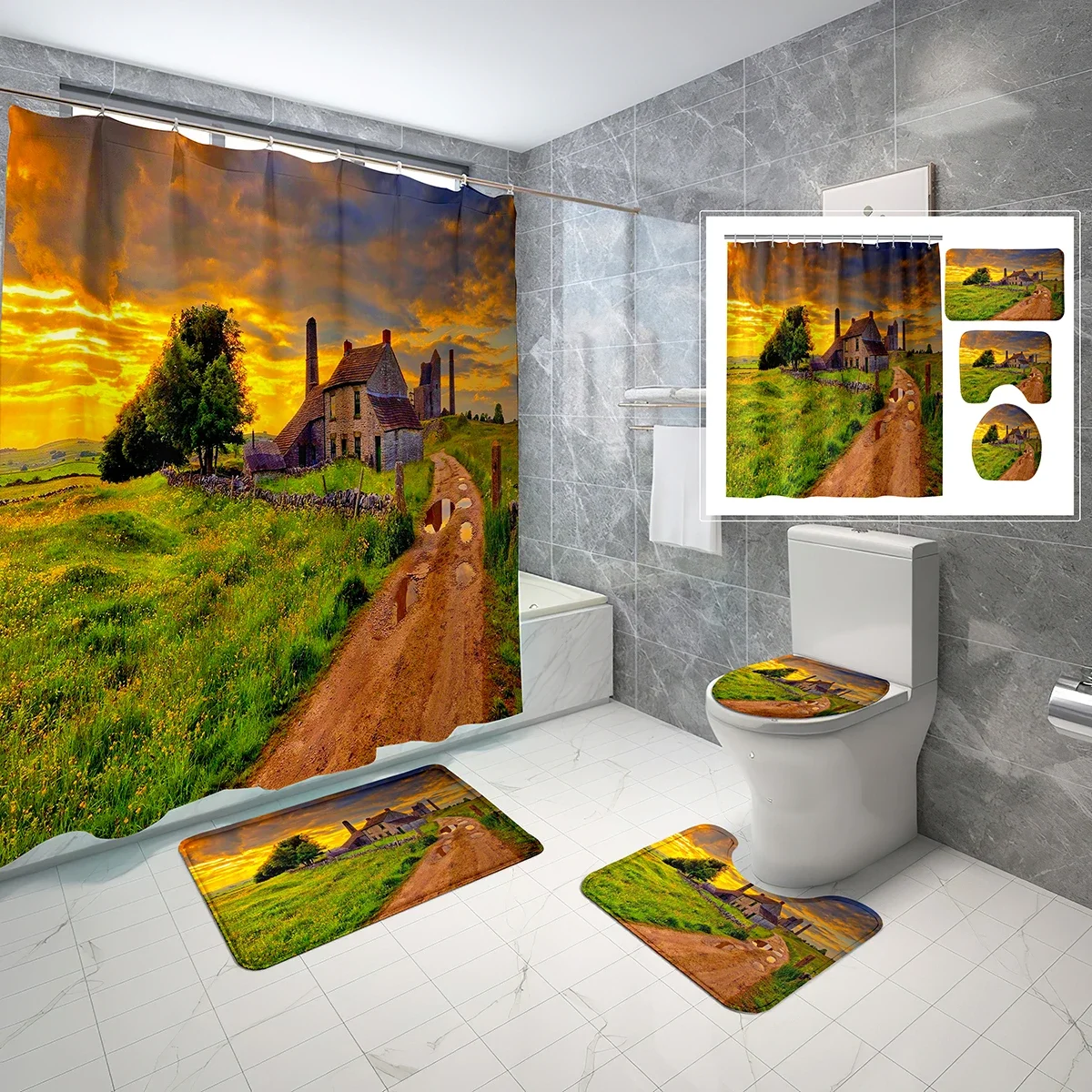 

4-Piece Set British Country Town Shower Curtain with Non-Slip Rug Toilet Lid Cover Waterproof Bath Curtain for Bathroom Decor