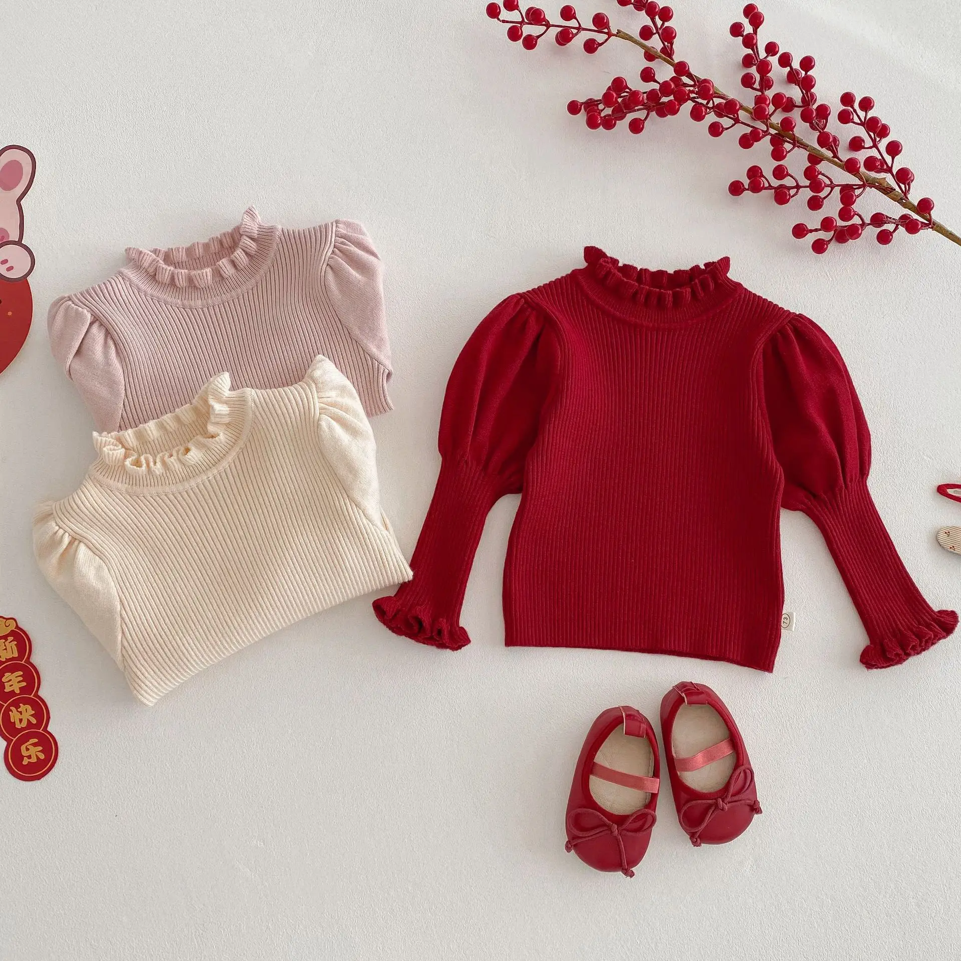 2026 Autumn Baby Girls Fashion Warm Puffy Sleeve Sweaters Kids Children Outerwear