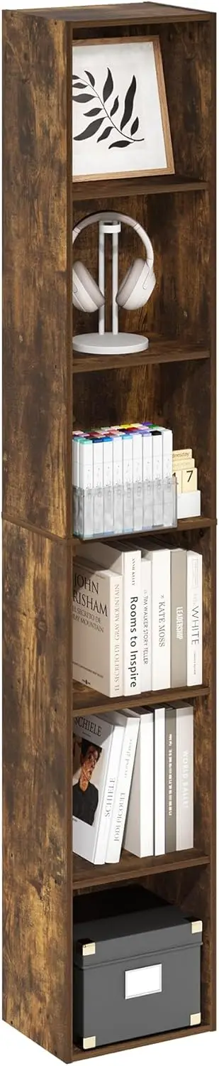 

Высокая современная книжная полка с 6 ярусами и открытыми полками, 9,3 x 12 x 71 дюймов, для гостиной, спальни, домашнего офиса, цвет янтарная сосна