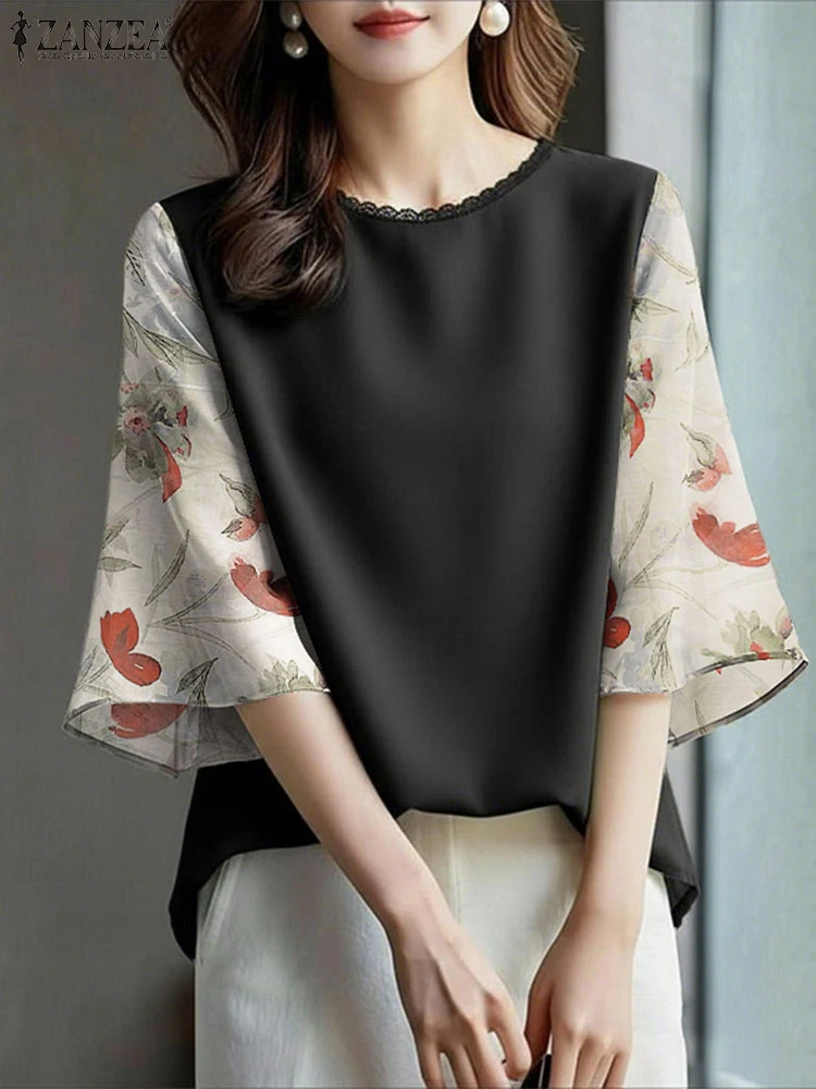 ZANZEA Elegant Women's Floral Printed Chiffon Sleeves Blouses Casual Lace Trim O-Neck 3/4 Sleeve Loose Tops Spring Woman Clothes
