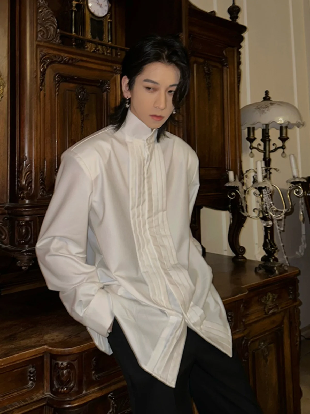 

White Shirt Cleanfit Men's Design Sensation Folded Collar Suit Inner Wear Trendy Long Sleeve Loose Fit Youth Popular All Seasons