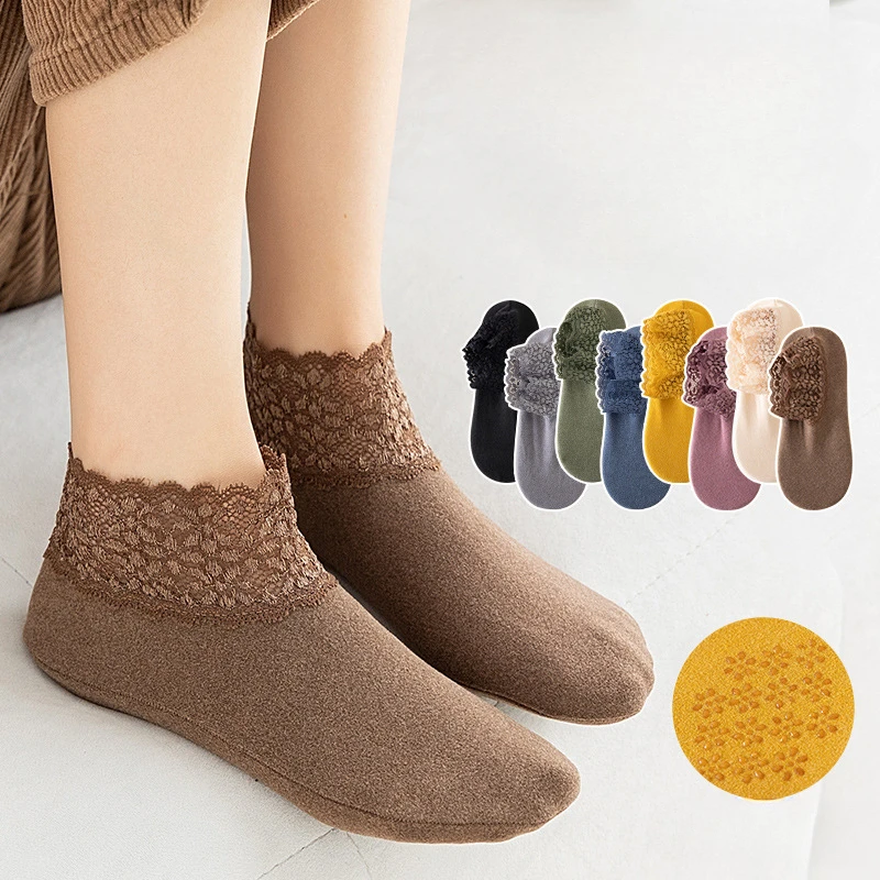 New Autumn Winter Thick Women Cute Lace Socks Floral Lady Girl Floor Sleeping Short Socks For Women Gift