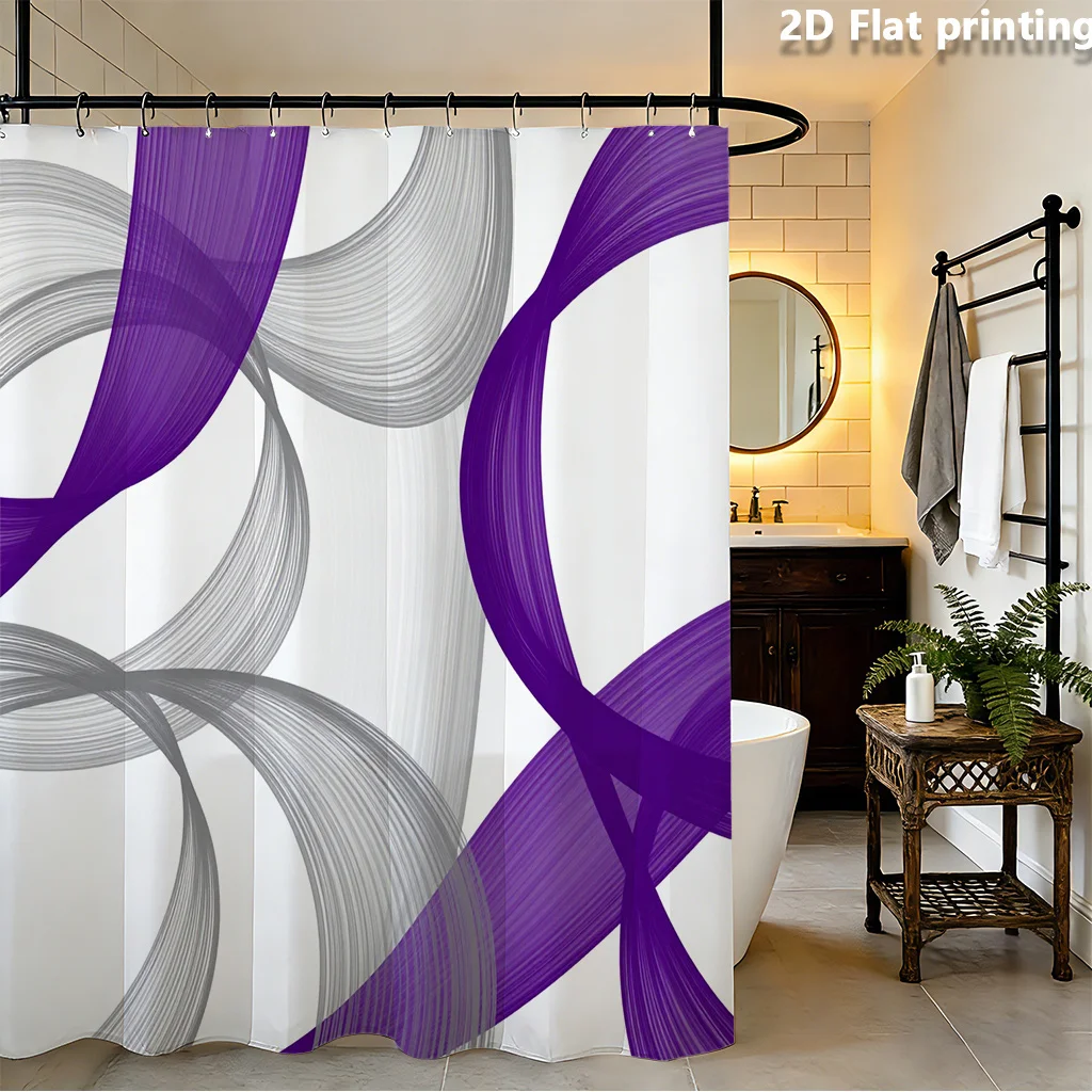 Abstract Flow Shower Curtain – Violet & Charcoal Curved Lines on Cream, Polyester 12 Grommets, Machine Washable