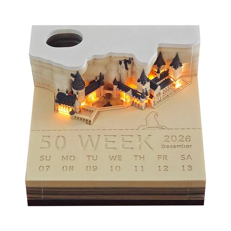 Time Piece Calendar 2026 Desk Calendar With LED Light 3D Tear-away Calendar Paper Carving Art Memo Pad Notepad Gift Christmas