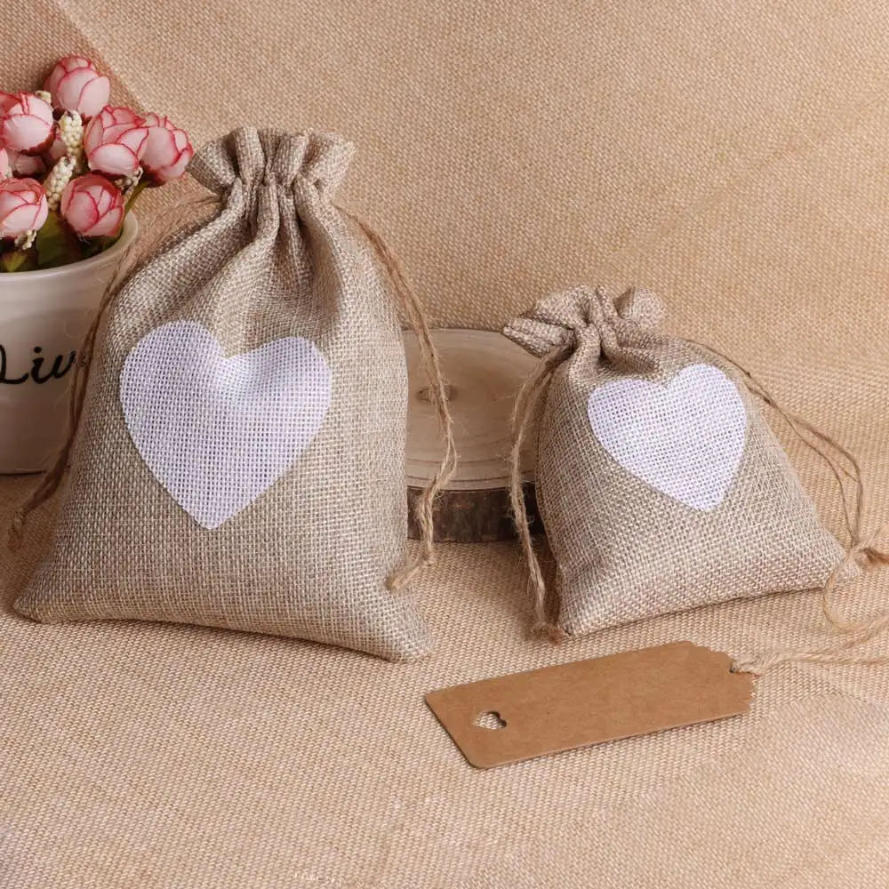 5pcs/lot Heart Linen Jewelry Bag Drawstring Pouch Decoration Pocket For Jewelry Packaging Christmas Wedding Gift Bag