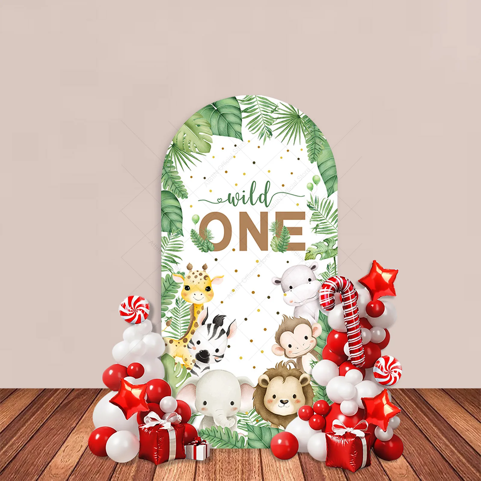 Wild One Year Arch Backdrop Cover Safari Jungle Animals Green Leaves Happy Birthday Party Decor Baby Kids Portrait Background