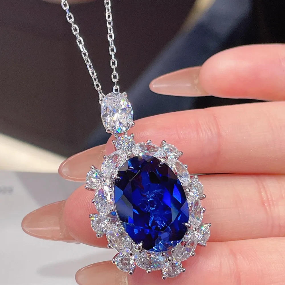 Big 6 Carats Blue Topaz Gemstone Pendant Necklaces for Women Bijou Diamonds Luxury Fine Jewelry Set Dinner Party Dress Accessory