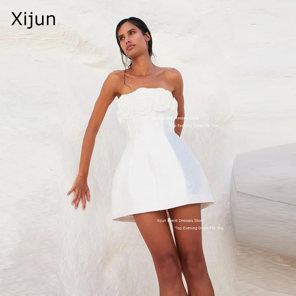 Xijun Modern White Short Wedding Dresses 3D Flowers A-Line Prom Dresses Sleeveless Formal Occasion Bridal Gowns For Wedding Gown