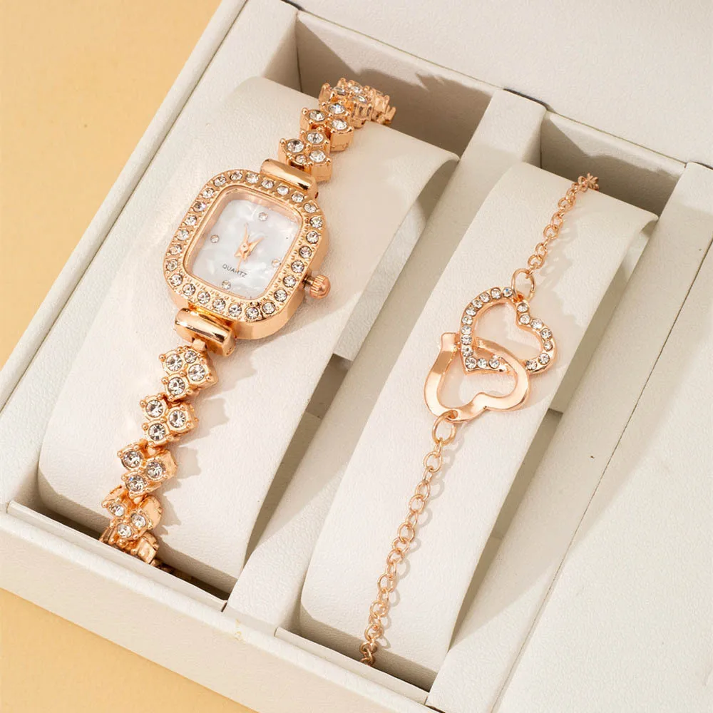 

2pcs Rose Gold Watches Crystal Bracelet Fashion Versatile Diamond Inlaid WOMEN'S Small Steel Band Quartz Watch with Bracelet Set