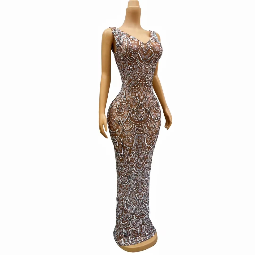 Vestido Elegant Sleeveless Embroidery Crystals Diamond Formal Evening Dress Sexy Bodycon Night Club Dress Women Party Prom Dress