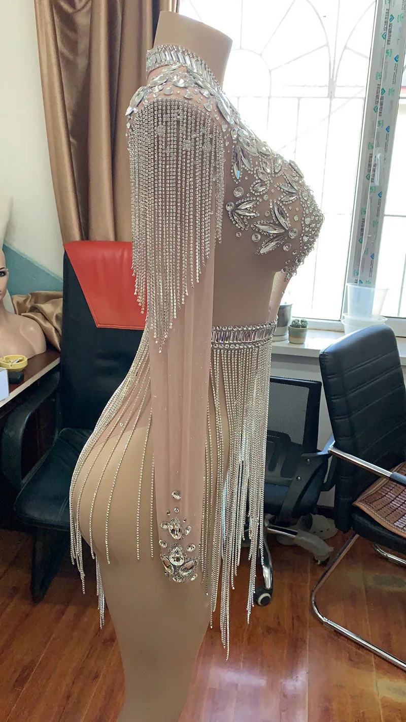 Sexy malha de luxo strass festa aniversário macacão triângulo garfo alto palco desempenho terno vestido gala noche mujer elegante