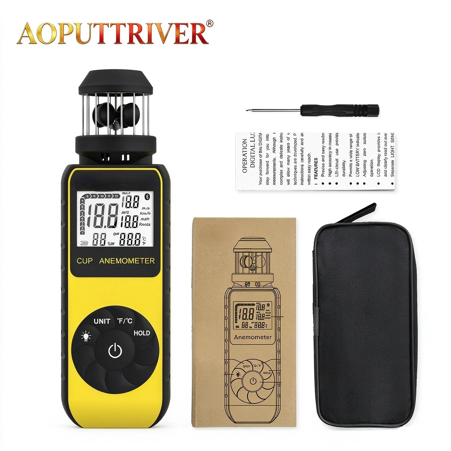 Cup Anemometer Wind Meter with Temperature Measurement 4 Units Hold Function Beaufort Bar Graph Auto Power Off