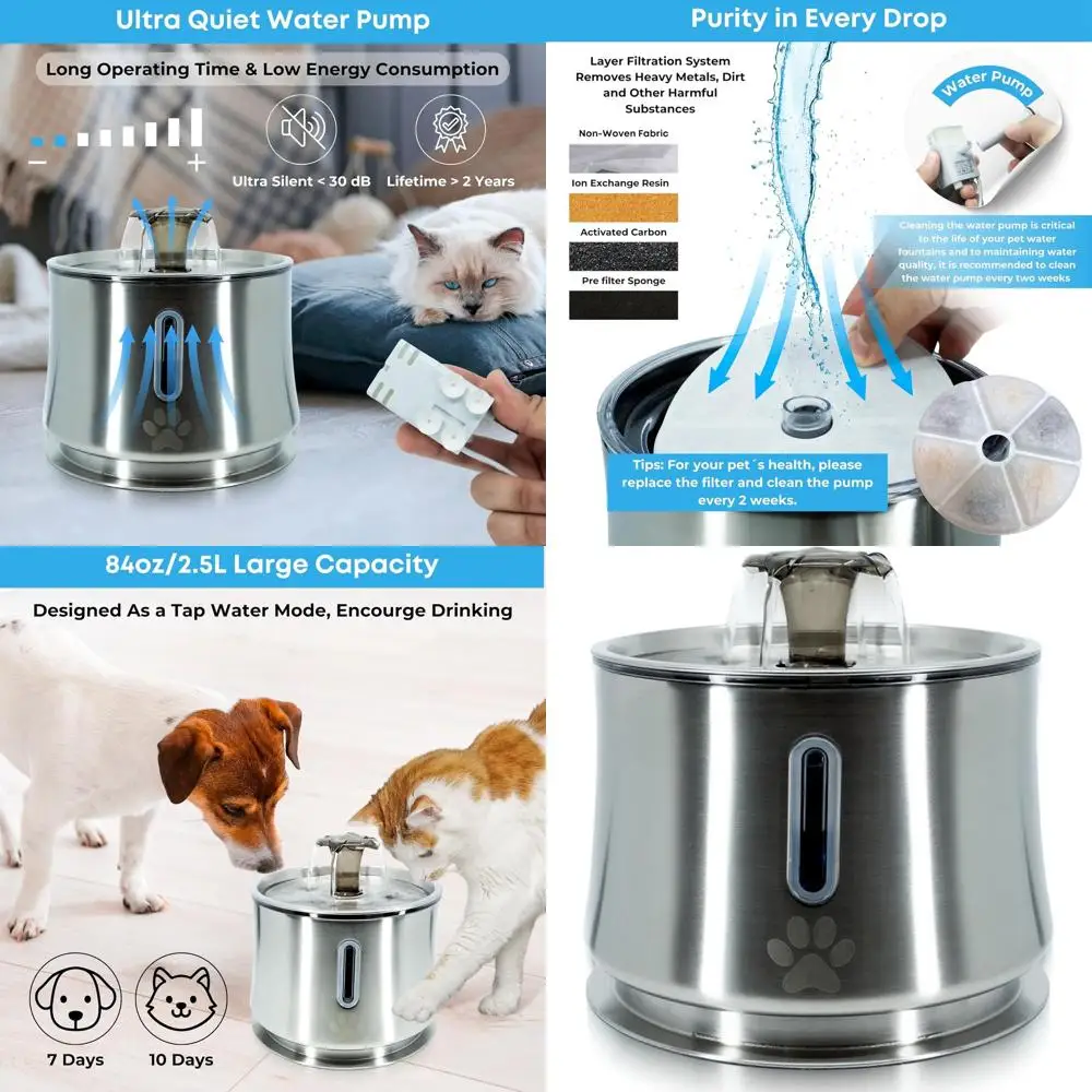 

Okys Stainless Steel Cat Water Fountain - 2.5L Pet Water Fountain with LED Light