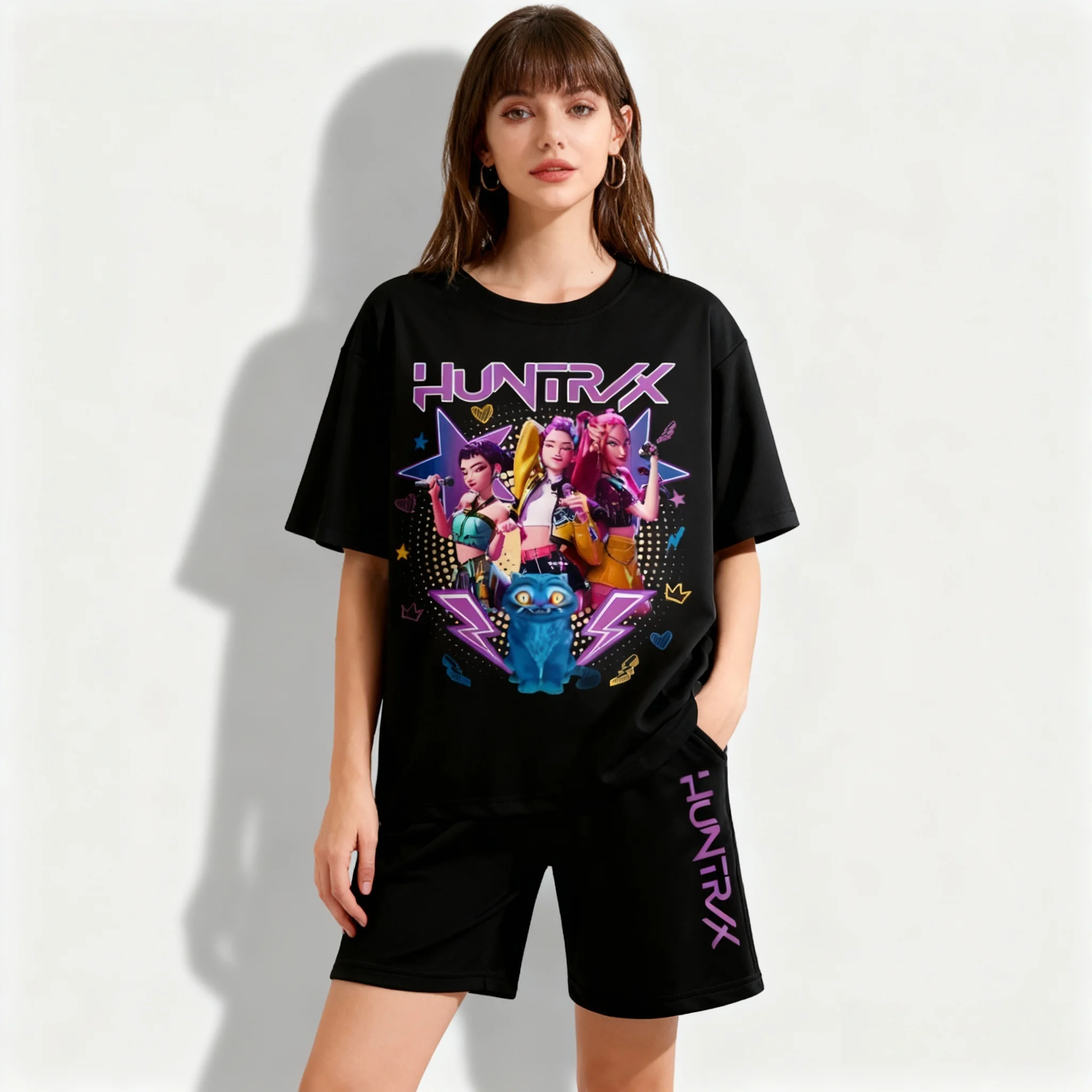 

Летний KPOP Witch Hunt Sweet Cool Set, уличная футболка в американском корейском стиле, шорты, ленивый стиль, большие размеры для женщин, взрослых и детей