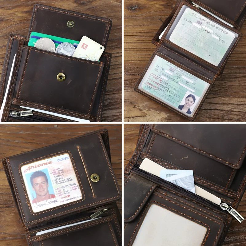 레트로 진짜 가죽 카드 지갑, 수제 크레이지 호스 가죽 비즈니스 지갑, ID 신용카드 홀더 반지갑, 남녀