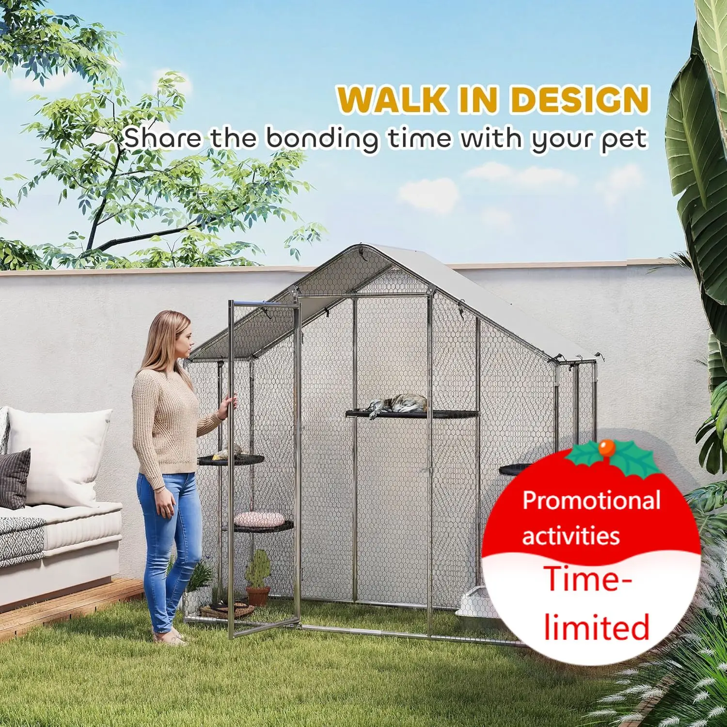 

Large Catio Outdoor Cat Enclosure, Galvanized Steel Walk-in Cat Patio for Multiple Kittens, Outdoor Kitty Cage with Waterproof C