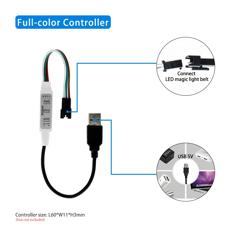 SP002E LED RGB Controller 600 Pixels Dimmer 3 Key DC5-24V USB 5V for WS2811 WS2812B Addressable Magic Color Light Bar String