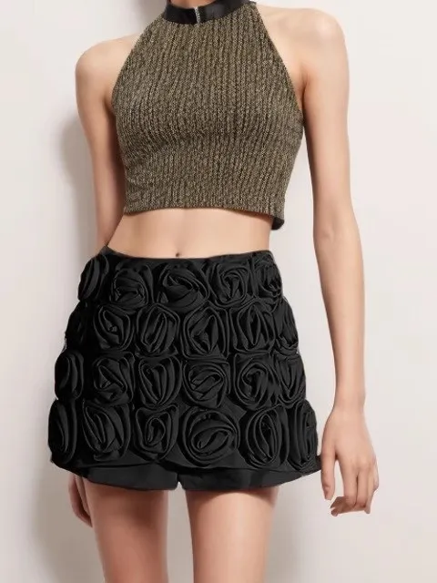 

Heavy Work Embroidery Pure Color Rose Flower Design Skirt Pants Set Personalized Fake Two-Piece High Waist Straight Leg ...