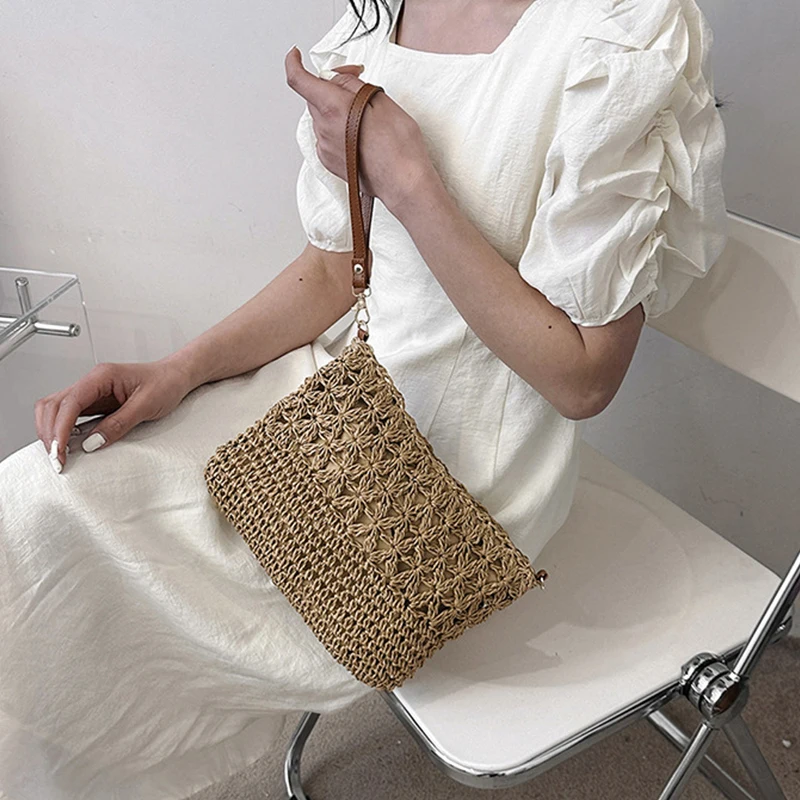 Stroh-Umhängetaschen für Damen, Sommer, gewebte Umhängetasche, Geldbörse, Bast, Strand-Armband, Häkelhandtasche, Geldbörse für Damen – Detail 5