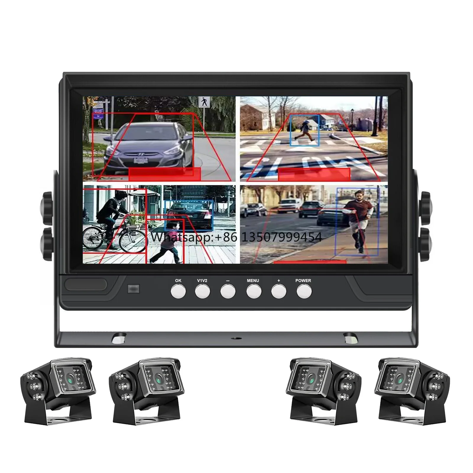 PWAS 9 Inch 4ch BSD Ai Detection Sound Alarm Warning System AHD 1080P Rear View Reversing Cameras 12-36V for Truck Forklift Rvs