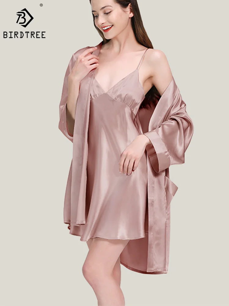 

Birdtree 22Momme 100%Real Silk Sleeping Robe Sling Dress Elegant Women Fashion Night-robe Sets Sleepwear 2024 Spring S3D038QM