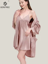 Birdtree 22Momme 100%Real Silk Sleeping Robe Sling Dress Elegant Women Fashion Night-robe Sets Sleepwear 2024 Spring S3D038QM