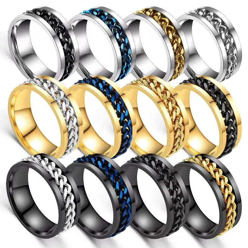 Stainless Steel Rotatable Chain Fidget Spinner Ring for Men - Stress Relief Band Jewelry Anillos De Hombres