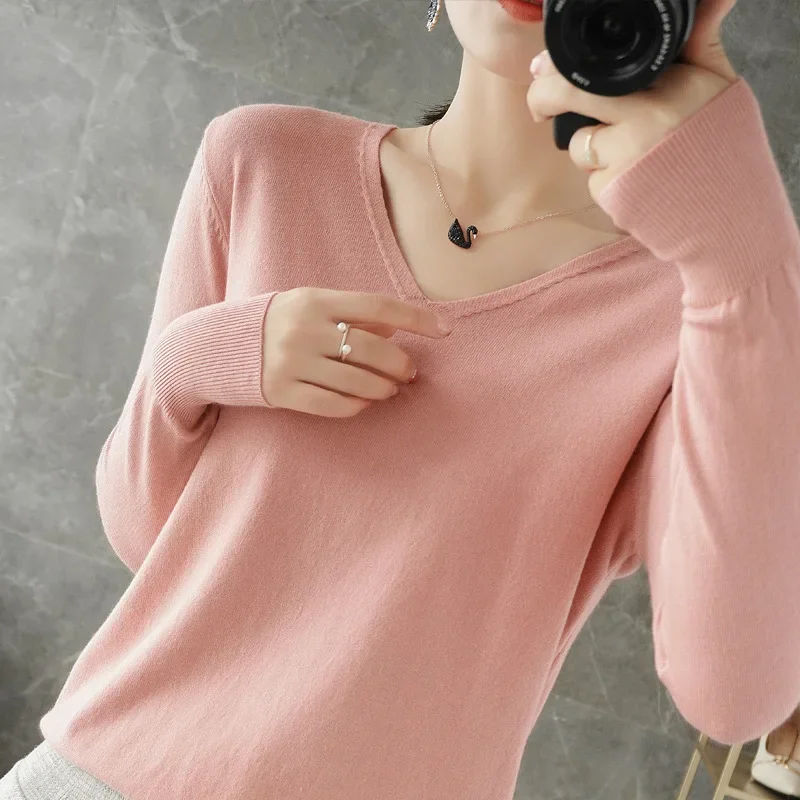 Suéter de mujer Otoño Invierno prendas de punto con cuello en V manga larga suéter de cachemira suelto jerseys señora barato calidad Jumper Tops de