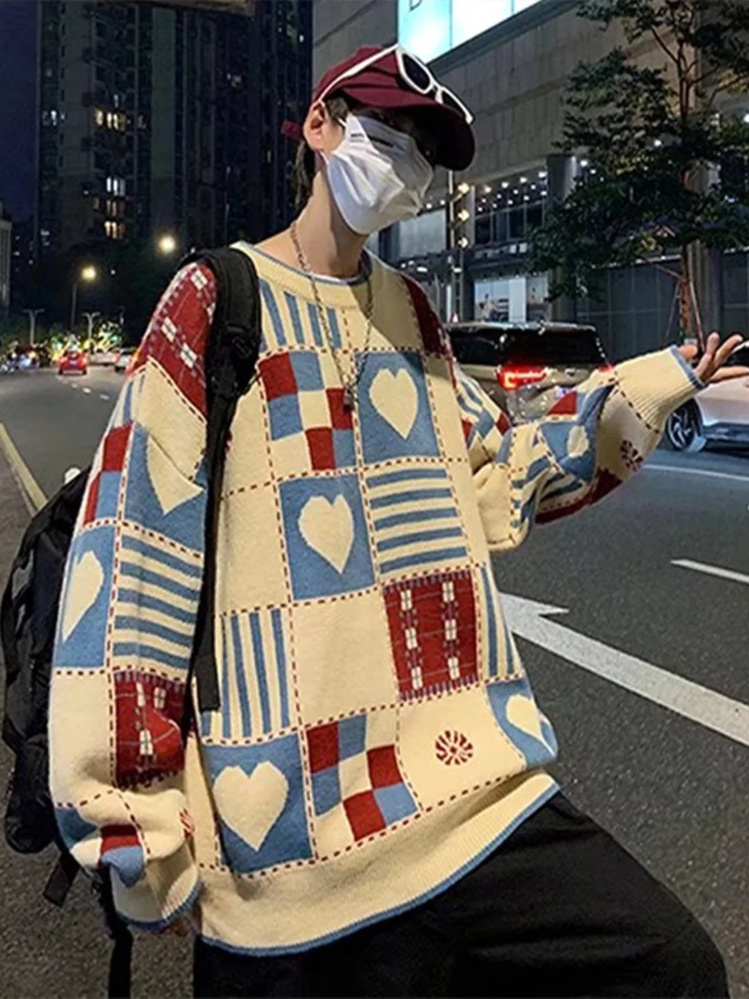 

Retro American Plaid Heart Pattern Men's Sweater Red All-Match Knitted Coat Casual Autumn Winter Laid-Ba Sle Couple's Wear