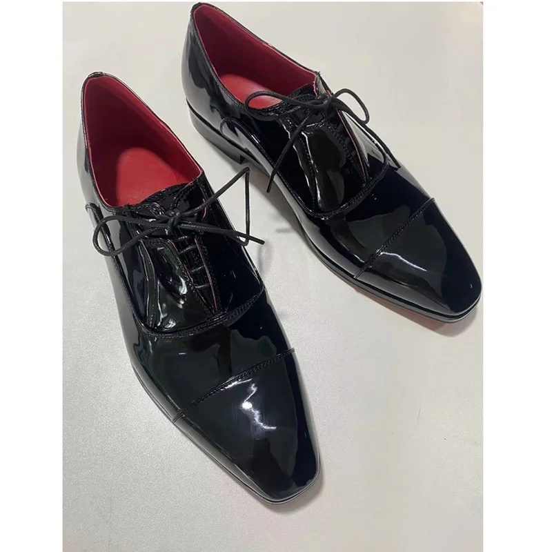 LOUBUTEN Black Patent Leather Dress Shoes Luxury Designer Lace-up Pointed Toe Oxford Shoes For Men Red Bottom Wedding Shoes