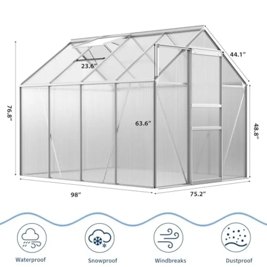 Walk-in greenhouse for outdoor garden backyard: polycarbonate panels, green, heavy-duty aluminum frame, sliding door, adjustabl