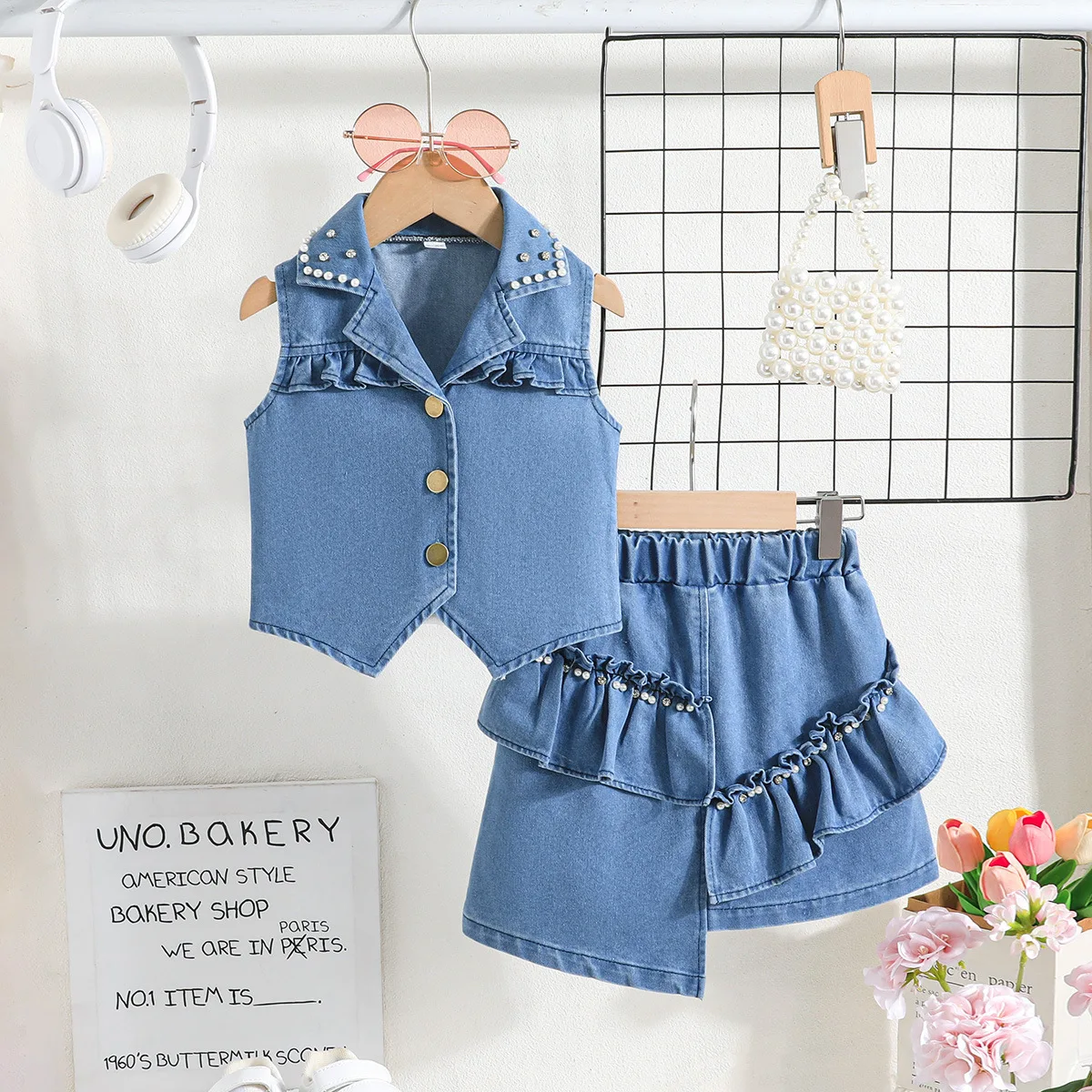 Girls Rivet Denim Vest Ruffle Shorts Set Kids Street Style Weekend Trip Look Summer Outfit Outdoor Activity Bohemian Style ZYD47