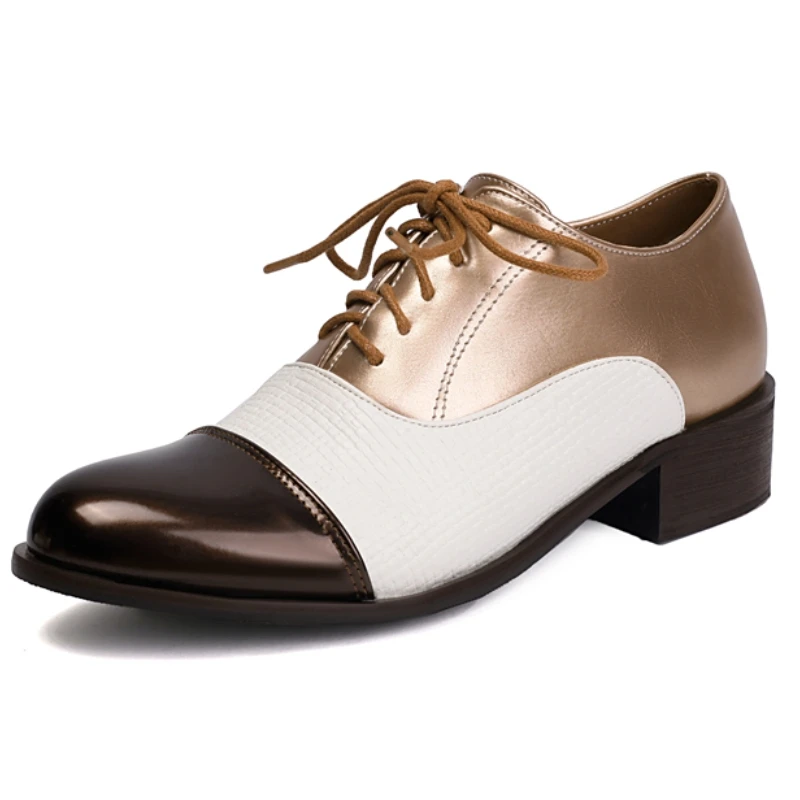 Classic Women's Low Heels Loafers Big Size 48 Lace-up Patchwork Elegant Black Gold Short Heeled Office Wedding Shoes Unisex