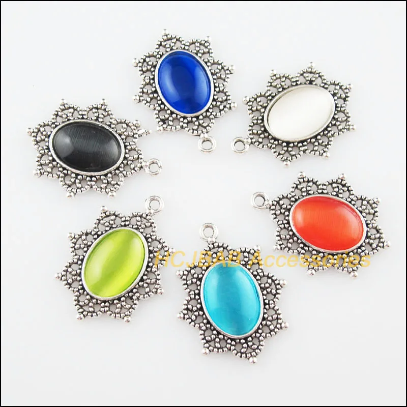 12Pcs Tibetan Silver Plated Flower Mixed CatEye Stone Charms Pendant Connectors 23x29mm