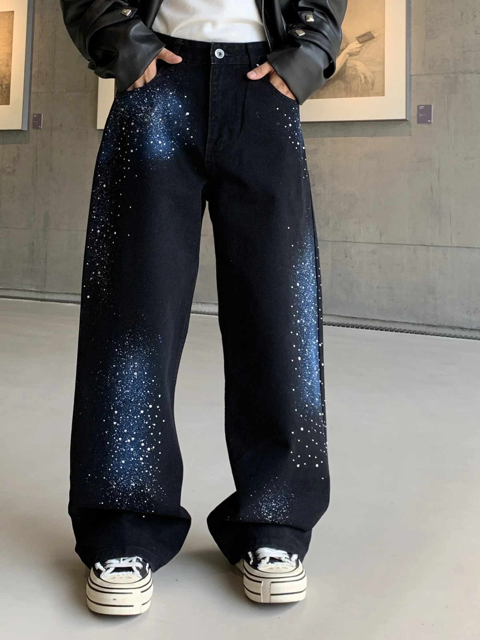 

American Retro Galaxy Star Blue Rhinestone adient Denim Jeans Men Loose Straight Leg Small Heavyweight Wide Leg Pants