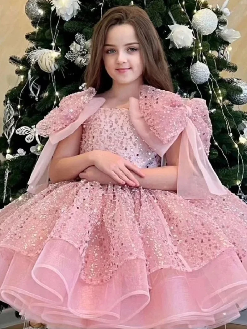 Robes de soirée moelleuses pour filles, tutu à plusieurs niveaux, robe à fleurs en tulle pailmétrage, grand nœud, luxe, enfant, fille, 2024