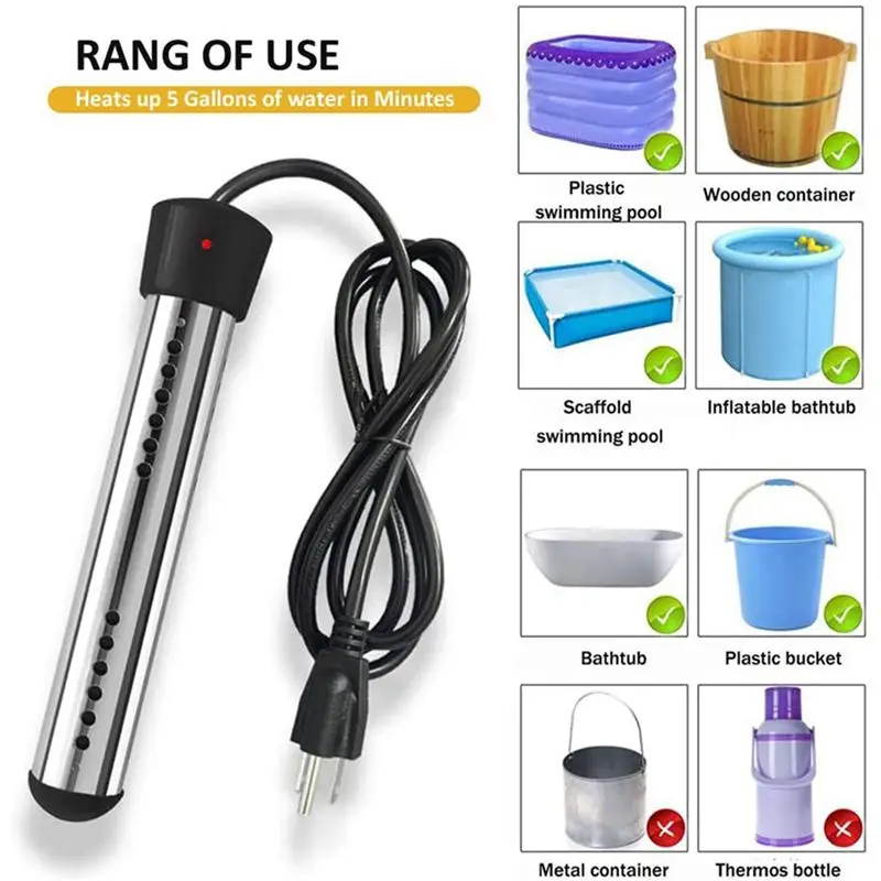 2X Immersion Heater, Portable Electric Submersible Instant Water Heater, Used In Swimming Pool Tub Bathtub US Plug-A77G